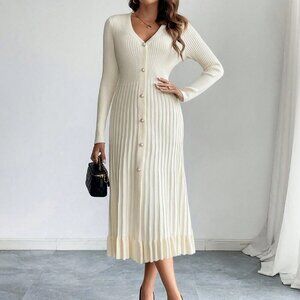 Apricot Elegant Women's V-Neck Long Sleeve Buttoned Pleated A-Line Sweater Dress